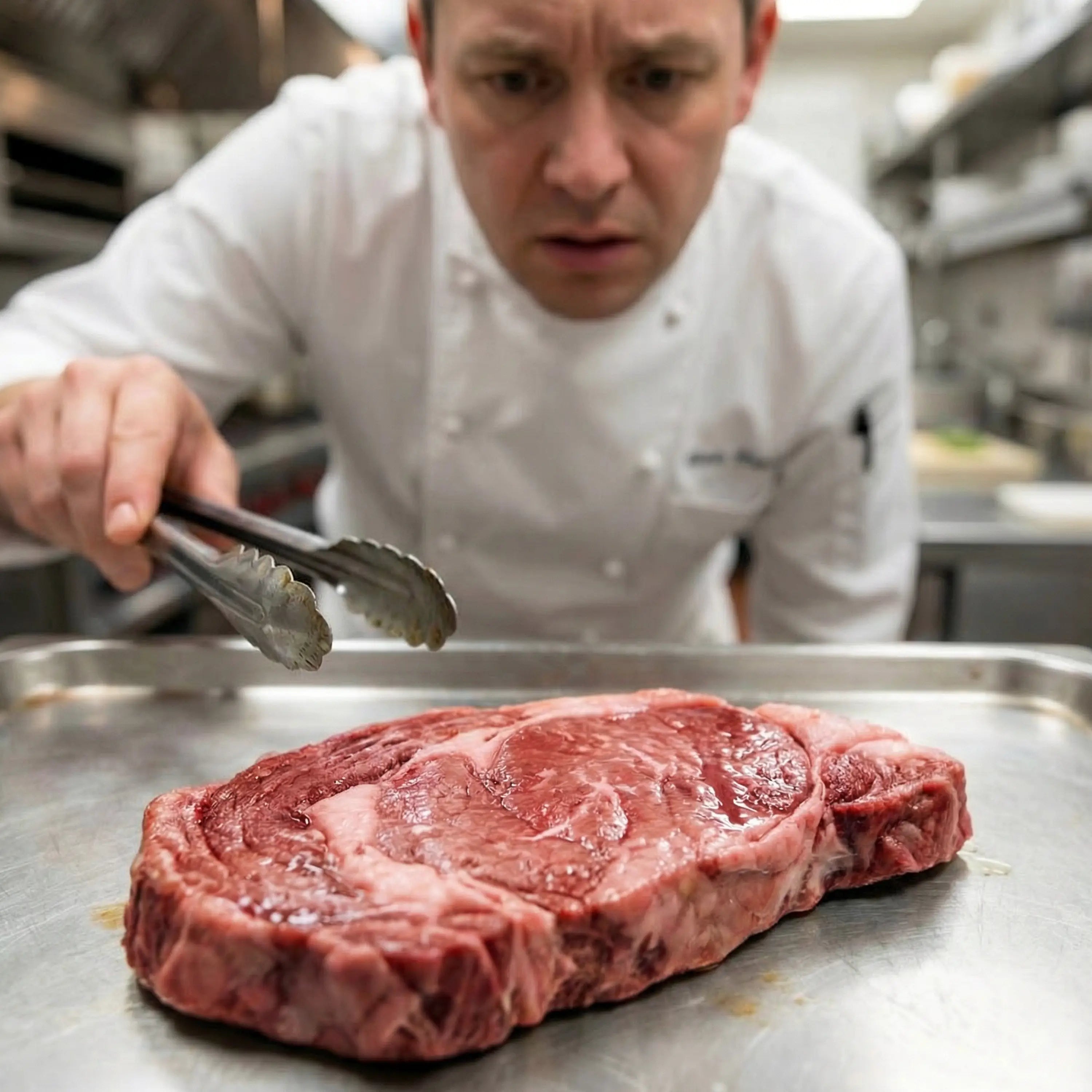 Chef examining a spoiled steak