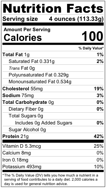 Nutrition facts label for a food product with serving size, calories, and nutritional content details.