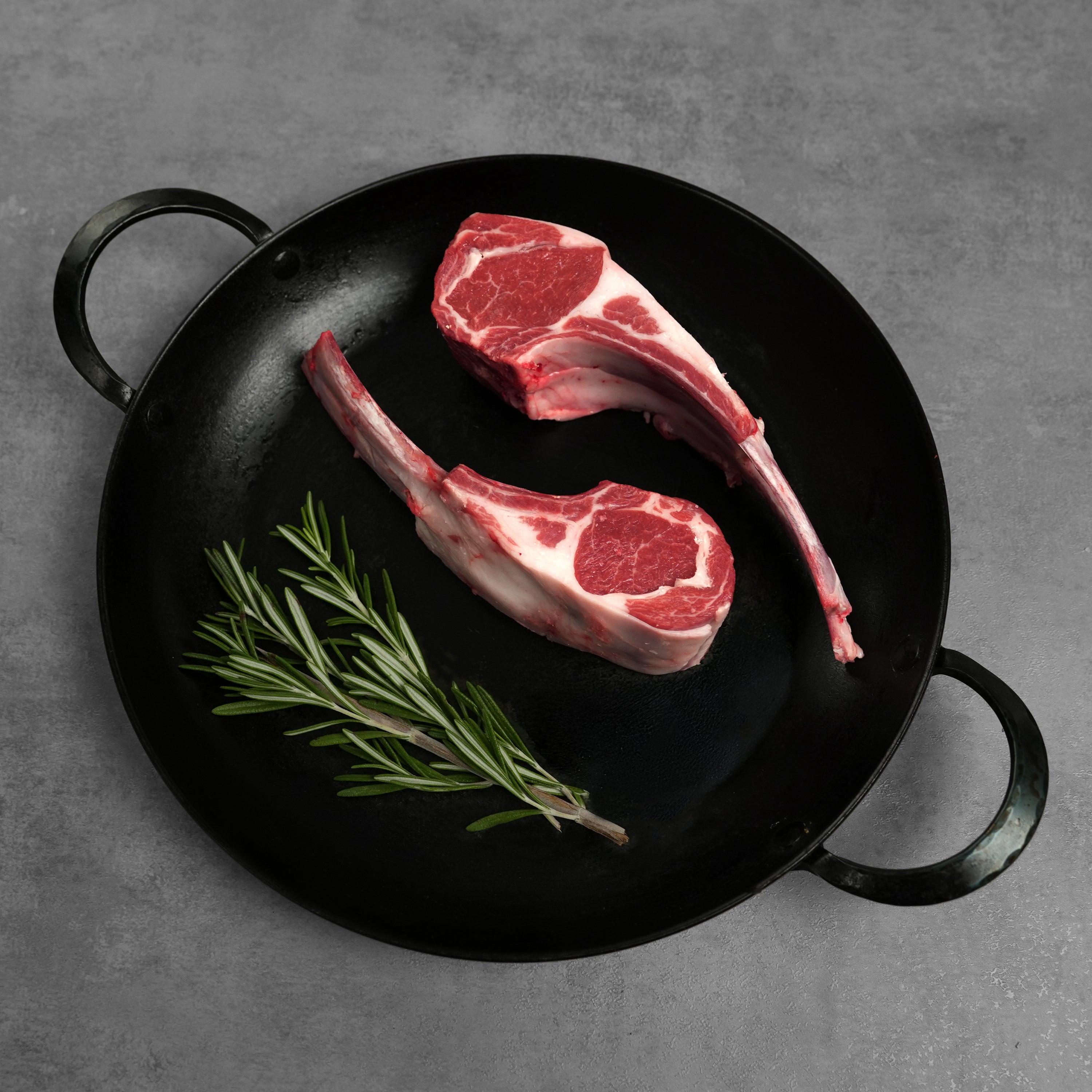 Double Cut Halal Australian Lamb Chops Raw in Black Pan