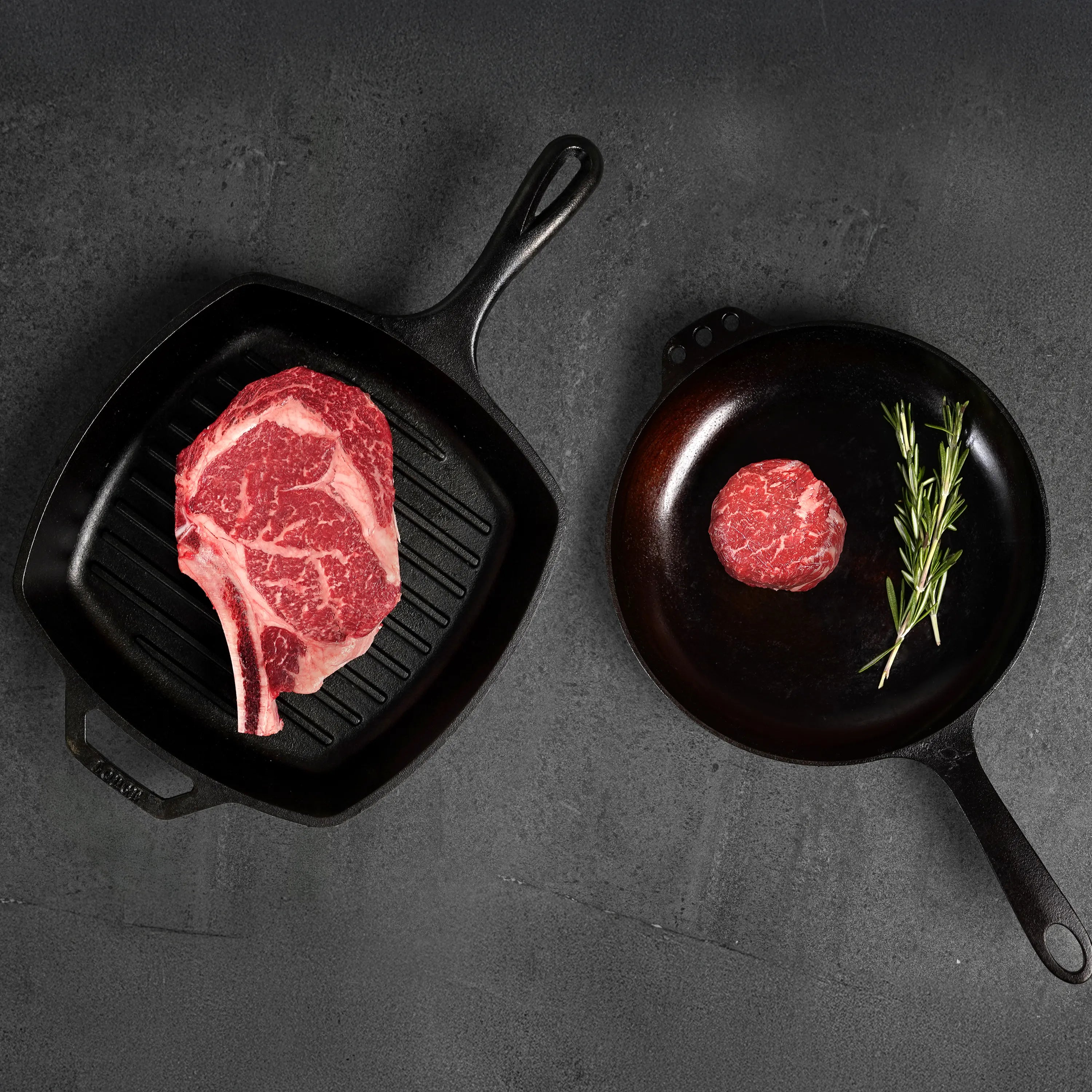 Split Bone ribeye and filet in Pans